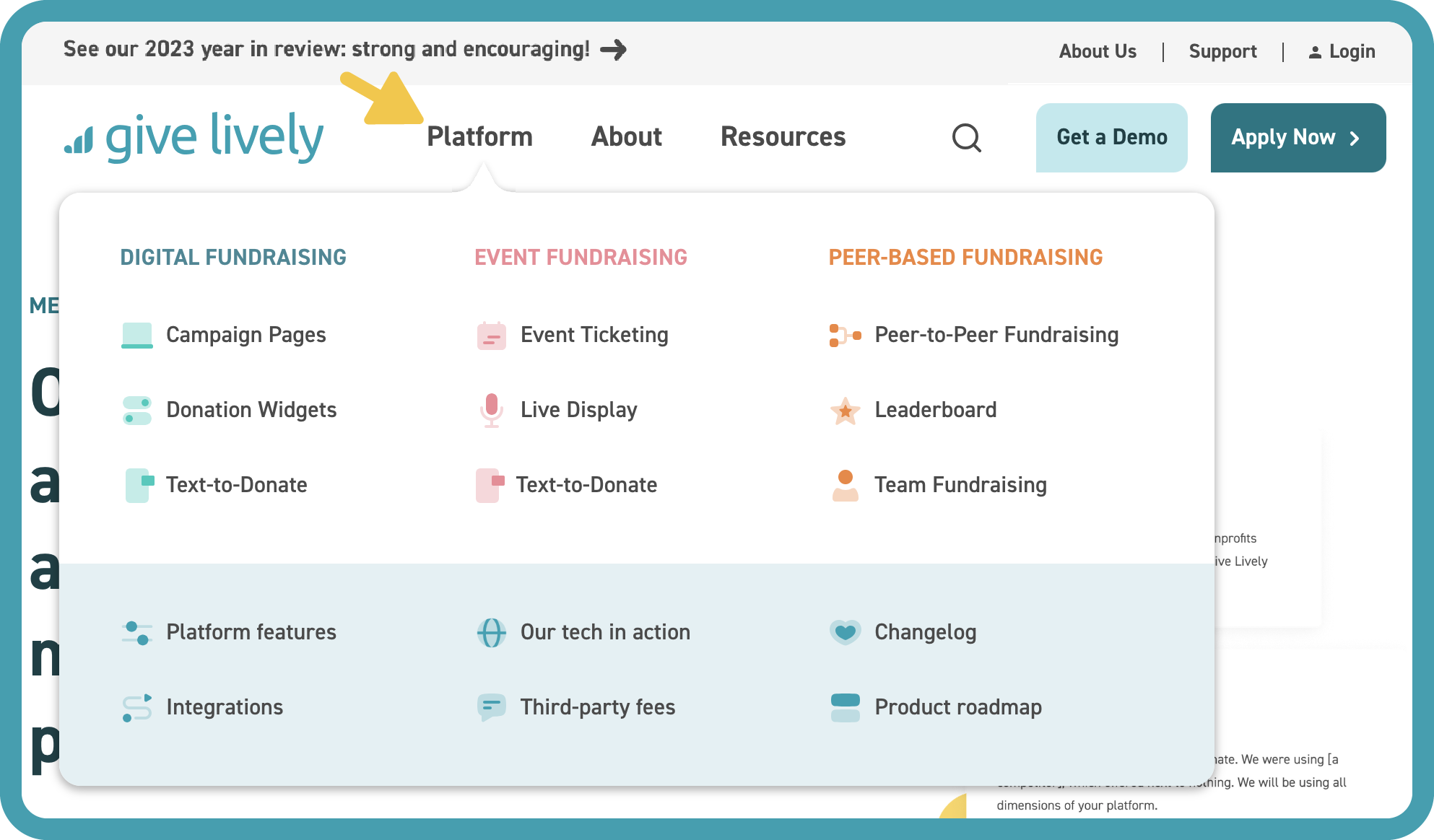 Screenshot of the Give Lively website showing the "Platform" dropdown menu.