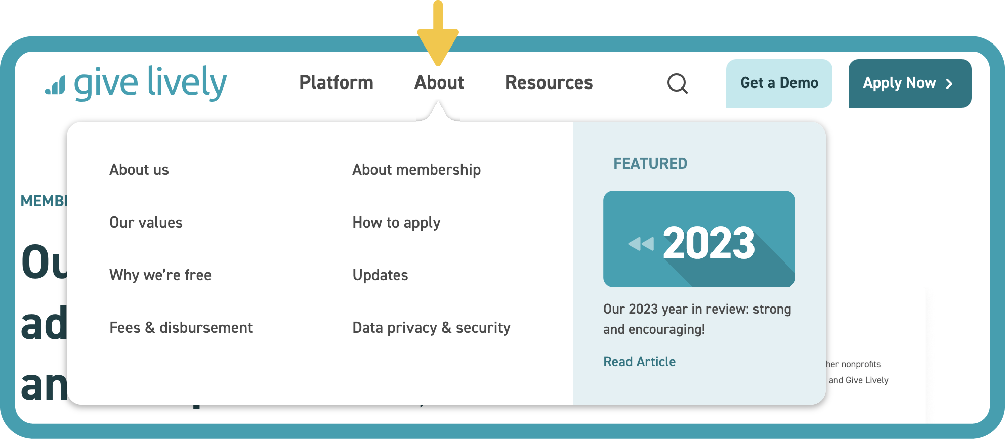 Screenshot of the Give Lively website showing the "About" dropdown menu.