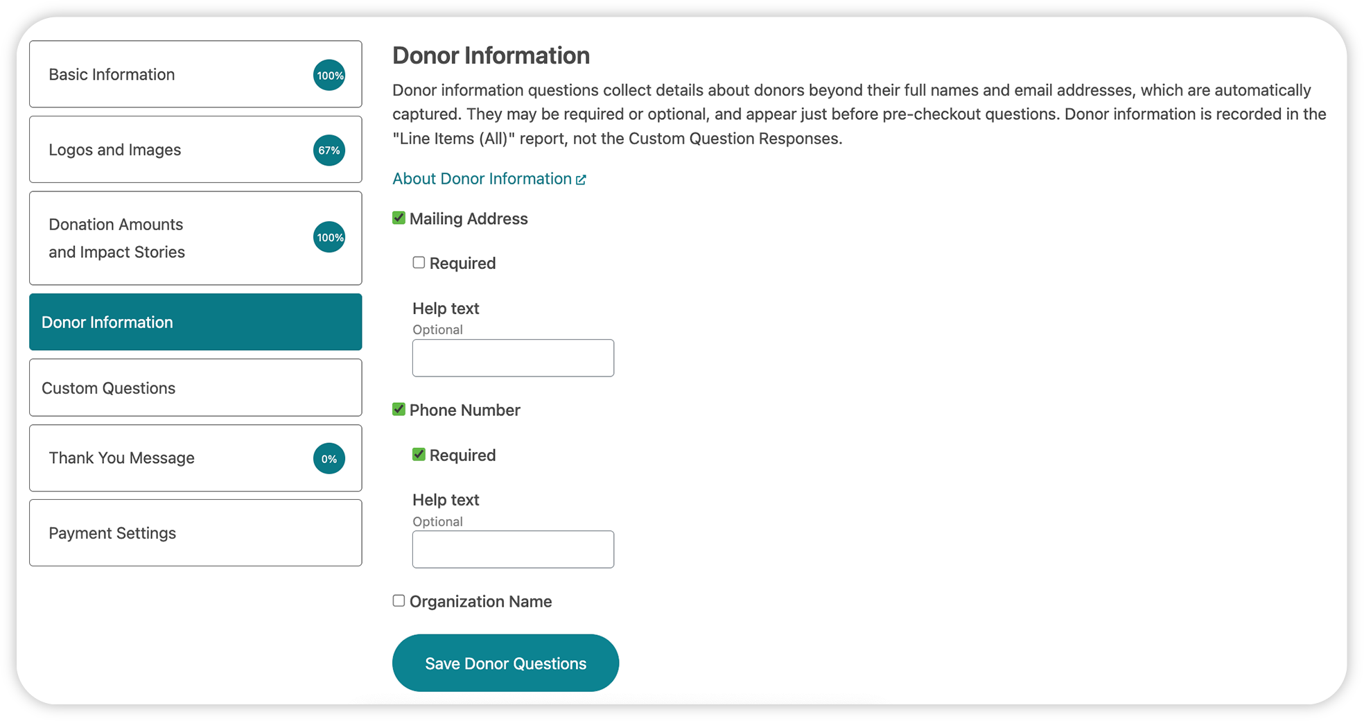 A screenshot of the "Donor Information" section showing the "Required" and "Help text" fields.