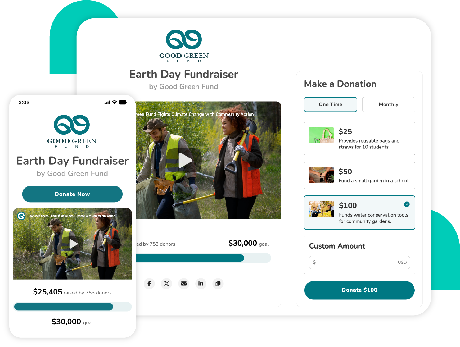 Example of the Good Green Fund fundraising page redesigned for accessibility and ease of use, displayed on a desktop and mobile device.