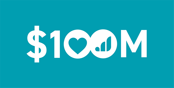 Logo featuring '$100M' with a heart in one zero and the Give Lively logo in the other zero