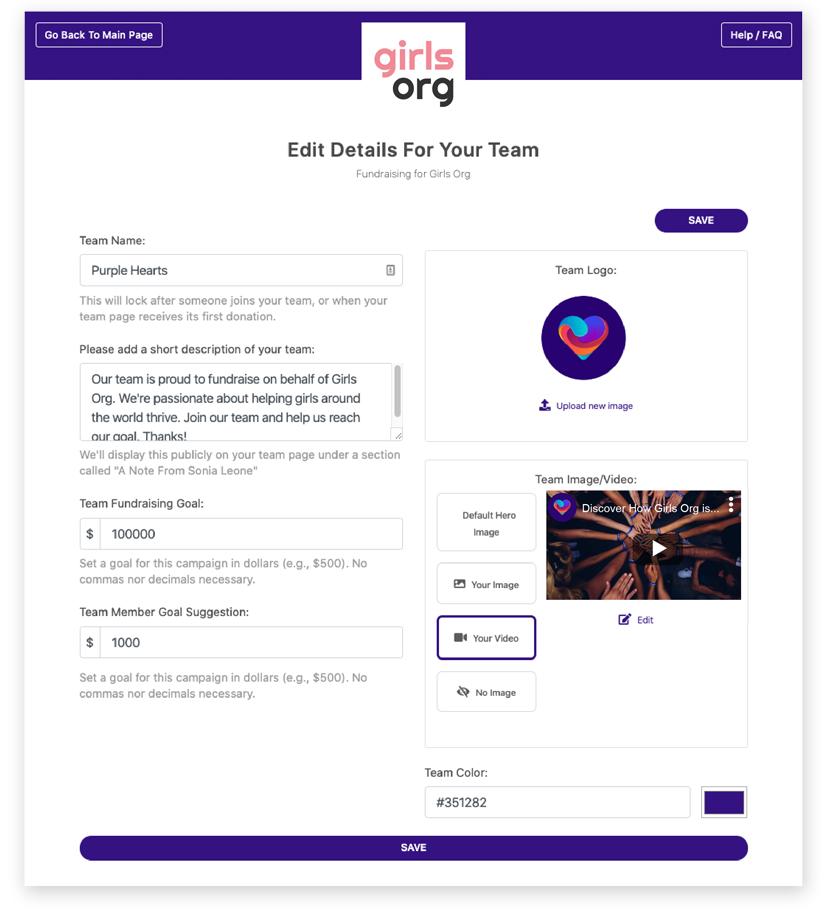A screenshot of what a Team Leader sees when they edit their Team Page.